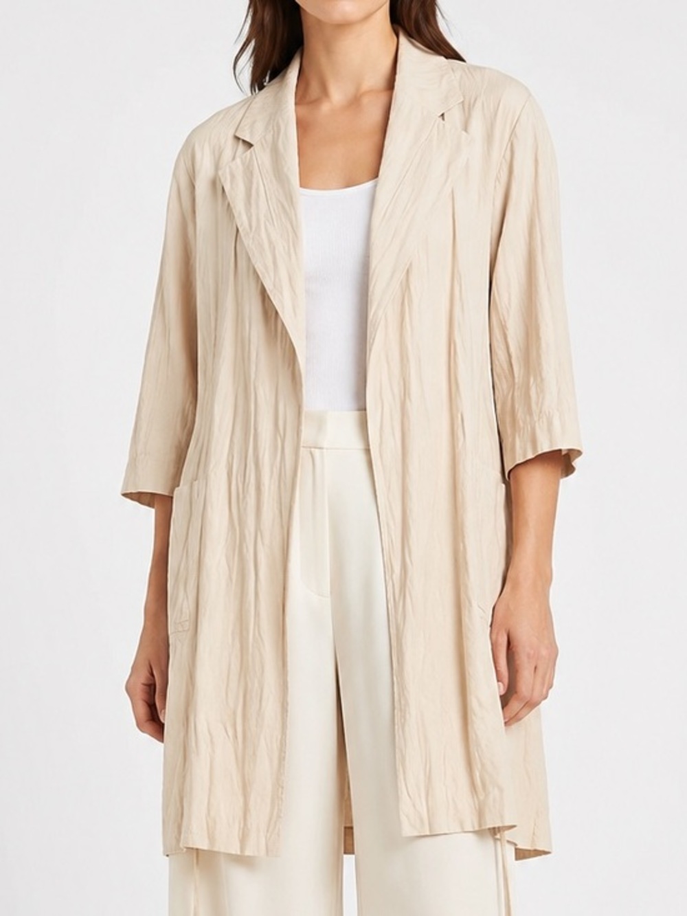 Dorothee Schumacher Crinkled Metallic Cotton Open Duster Jacket Beige Size 2